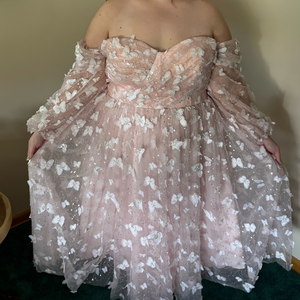 Off-Shoulder Pink Bridal Dress with 3D Floral Appliqué